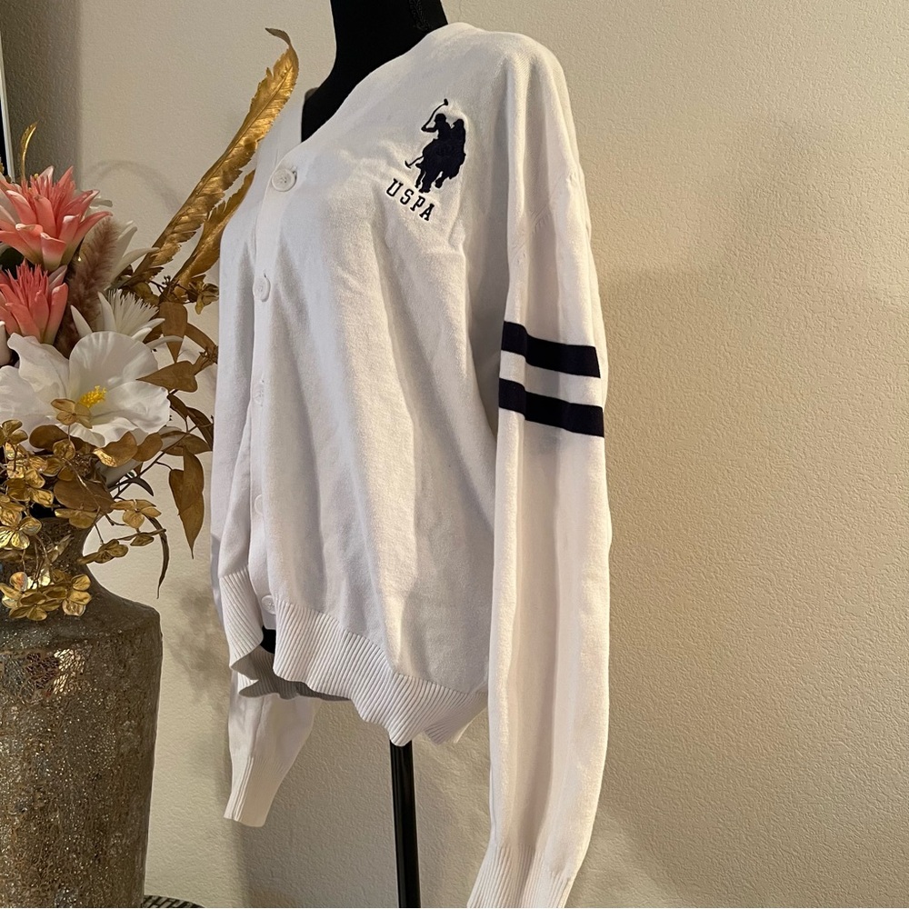 U.S. POLO ASSN White cardigan sweater 100% cotton with two navy blue stripes XXL - Picture 2 of 8
